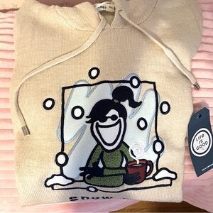 Life is Good Sweater NWT Hooded Knit Embroidered Snow Day, Oatmeal, Medium